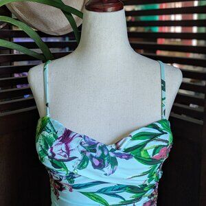 Tropical Aqua Blue Bandeau Top Skirted One-piece Swimsuit SML